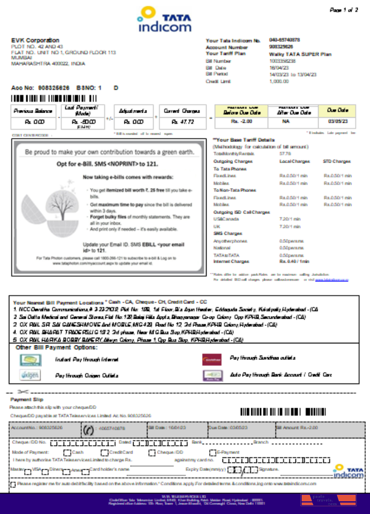 Tata Indicom mobile utility business bill, page 1, SCR PSD template